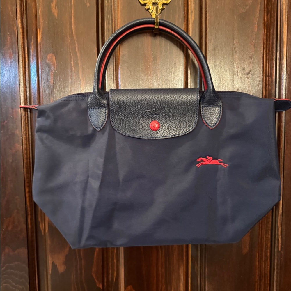 Longchamp Le Pliage Mini Navy Tote Bag with Red Accents